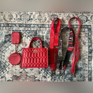 NWOT Steve Madden Quilted Zip Closure Red Satchel Bag W/ 3 Straps & 2 Coin Pouch